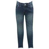 Girls dark wash full length pink stitched adjustable waist fly and button fasten jeans - Denim