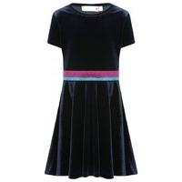Girls navy velour short sleeve pull on glitter rainbow waist fit and flare skater dress - Black