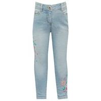 Girls cotton rich light wash floral embroidered design five pocket button and zip fly skinny jeans - Denim