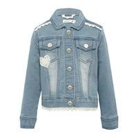 Girls long sleeve mid wash blue love heart patch and crochet hem button through denim jacket - Denim