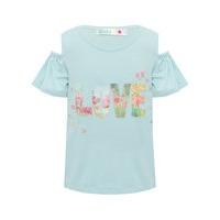 Girls short sleeve cold shoulder soft jersey clear beaded frosted effect love slogan butterfly top - Blue