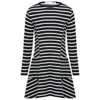 Girls long sleeve slash neck front pocket detail navy and cream stripe pattern swing dress - Navy