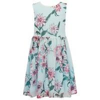 Girls Blue sleeveless gathered fit flare skirt floral print silver metallic thread bow back dress - Blue