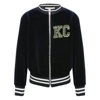 Girls Kite and Cosmic navy long sleeve velvet zip through stripe trim KC diamante logo bomber jacket - Navy