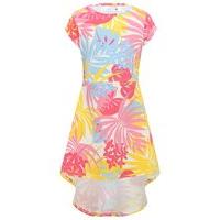 Girls cotton rich short sleeve scoop neckline dipped back hem tropical print skater dress - Multicolour