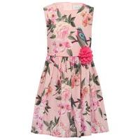 Girls sleeveless floral bird print pink flower corsage detail skater party dress - Pale Pink