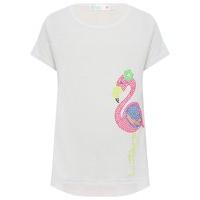 Girls white short sleeve crew neck gemstone flamingo motif dipped hem t-shirt - White