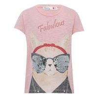 Girls pale pink short sleeve fabulous slogan cat print two way sequin sunglasses design top - Pale Pink