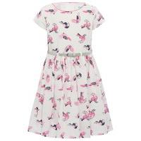 Girls cotton rich white short sleeve pink parrot print silver glitter belted gathered waist dress - Cream