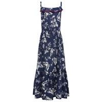 Girls navy frill front crochet trim tiered hem thin strap white butterfly print maxi length dress - Navy