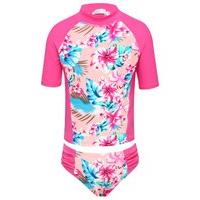 Girls pink and blue tropical print high neck half sleeve rash guard top and matching briefs - Pink