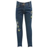Girls cotton rich dark wash adjustable waistband floral embroidered let down hem full length jeans - Denim