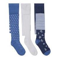 Girls cotton rich polka dot floral and stripe assorted design blue and white knit tights three pack - Blue