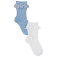 girls white and blue cotton rich broderie anglaise frill socks two pac ...