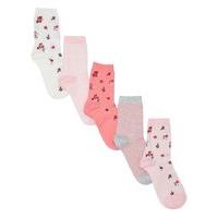 Girls pink floral and stripe print everyday cotton rich ankle socks five pack - Multicolour