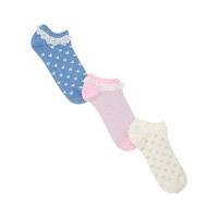 Girls cotton stretch pastel love heart stripe and star print lace trim trainer socks three pack - Multicolour