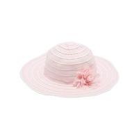 Girls pink and white stripe wide brim flower corsage sun hat - Pink