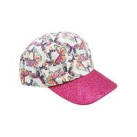 Girls white base butterfly print pink glitter brim baseball style cap - White