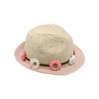 Girls light pink brim sequin flower applique band straw trilby hat - Natural