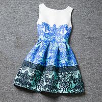 girls blue red dress floral polyester summer