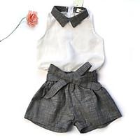 Girl\'s Cotton Fashion And Lovely Chiffon Doll Neck Sleeveless Tops Cotton And Linen Girdle Shorts Two-piece Bow