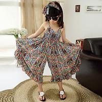 Girl\'s Cotton/Polyester Fashion Floral Straped Beach Loose Overall Jumpsuit