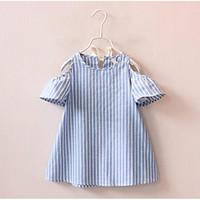 Girl\'s Solid Striped Dress, Cotton Summer Short Sleeve