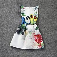 girls white dress print polyester summer