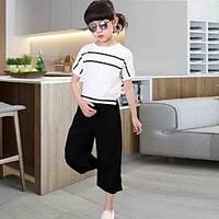 Girl\'s Cotton Fashion And Personality Pure Bat Sleeve Stripe Coat Wide-Legged Pants Two-Piece Outfit
