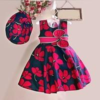 Girl\'s Flower Print Sleeveless Dress, Cotton Summer / Spring Red Flower Knee-length Causal Holiday Party Girls Fashion (Hat incude)