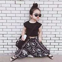 Girl\'s Cotton Summer Fashion black Tee Harem Pants Leisure Two-Piece Set