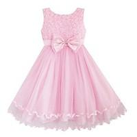 Girl\'s Solid Pink Roses Flower Sleeveless Knee-length Princess Dress With Bow, Organic Cotton / Organza Summer / Spring / Fall