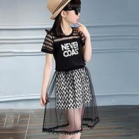 Girl Casual/Daily Striped Print Patchwork Sets, Cotton Polyester Summer Short Sleeve Clothing Set