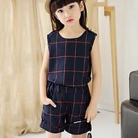 Girl Casual/Daily Plaid Sets, Rayon Summer Sleeveless Clothing Set