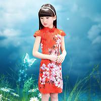 Girl\'s Cotton Vintage Going out Casual/Daily Holiday Floral Print Dress Cotton Summer Cheongsam Short Sleeve White Red