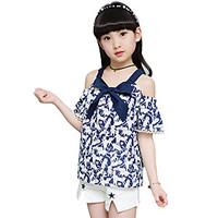 Girls\' Cartoon Going out Casual/Daily Holiday Bowknot Patchwork Sets Cotton Summer Short Sleeve Top Shorts 2 Piece Clothing Set