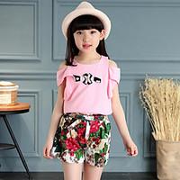 Girls\' Casual/Daily Beach Holiday Solid Floral Sets, Cotton Polyester Summer Short Sleeve Clothing Set