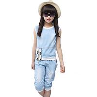 Girls\' Casual/Daily Beach Holiday Solid Sets, Cotton Polyester Summer Sleeveless Clothing Set