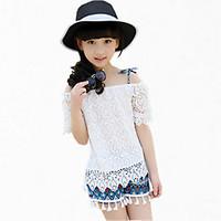 girls blue pink clothing set floral lace cotton summer