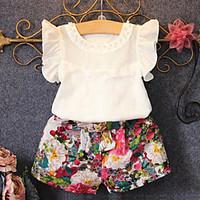 Girl Casual/Daily Print Patchwork Sets, Cotton Polyester Summer Short Sleeve Clothing Set