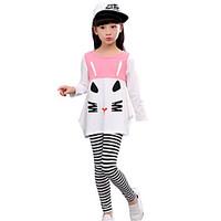 Girls Fashion In Europe And The Long Paragraph Kitten Round Collar Stripe Printed Leggings Two-Piece Outfit