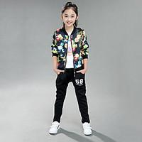 Girl\'s Cotton Spring/Autumn Flowers Pattern Coat Jacket Pants Two-piece Set