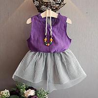 Girl Casual/Daily Striped Sets, Rayon Polyester Summer Sleeveless Clothing Set