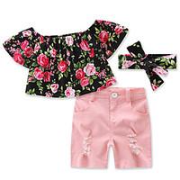 Girls\' Solid Color shorts T-shirt Floral Clothes Sets Cotton Summer Short Sleeve Clothing Set