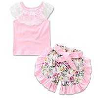 Girls\' Going out Casual/Daily Holiday Floral Print SetsCotton Summer The Lace Short Pant Clothing Set Baby Kids Lace Tee Clothes