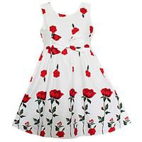 Girls Dress Red Rose Flower Print Bow Belt Party Pageant Casual Children Clothes