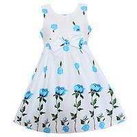 Girls Dress Blue Rose Flower Print Bow Belt Party Pageant Casual Children Clothes