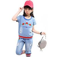 girls solid color floral embroidered sets cotton summer short sleeve c ...