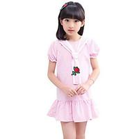 girls fashion stripe solid color dress polyester summer short sleeve