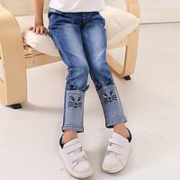 Girl\'s Cotton Spring/Autumn Fashion Patchwork Cat Pattern Children Skinny Jeans